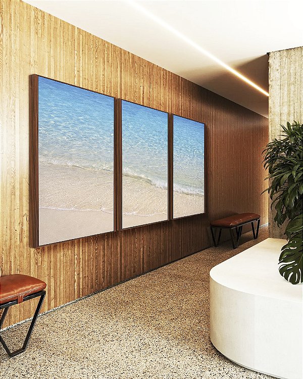 Trio de Quadros Praia Branca Luminosa Mar Azul Claro Canvas Moldura