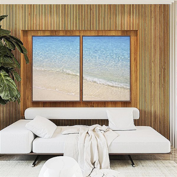 Duo de Quadros Praia Branca Luminosa Mar Azul Claro Canvas Moldura