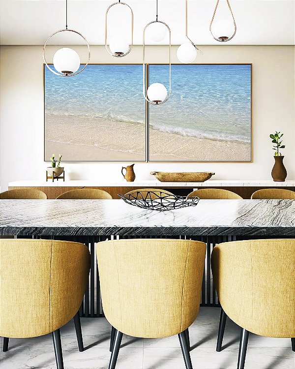 Duo de Quadros Quadrados Praia Branca Luminosa Mar Azul Claro Canvas Moldura
