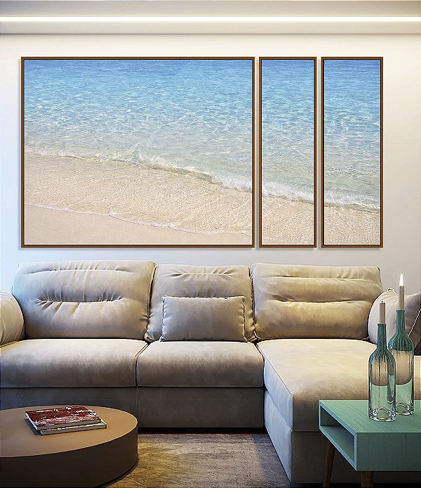 Trio de Quadros Estilizados Praia Branca Luminosa Mar Azul Claro Canvas Moldura