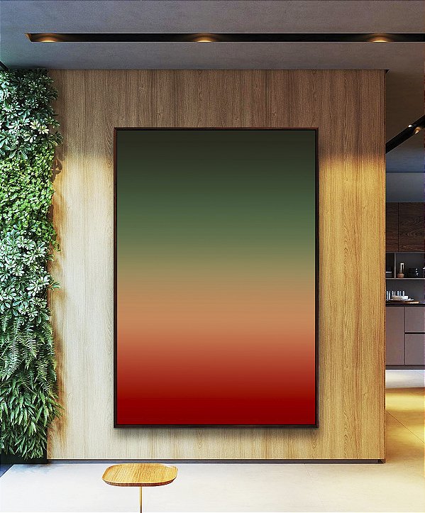 Quadro Vertical Abstrato Degradê Verde Folha Vermelho Canvas Moldura