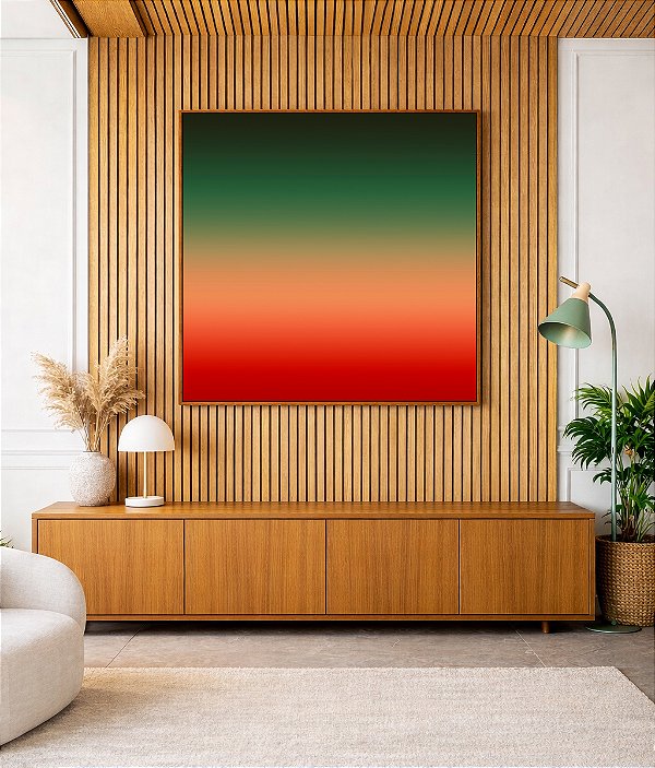 Quadro Quadrado Abstrato Degradê Verde Folha Vermelho Canvas Moldura