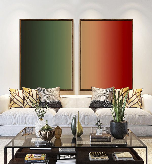 Duo de Quadros Abstrato Degradê Verde Folha Vermelho Canvas Moldura