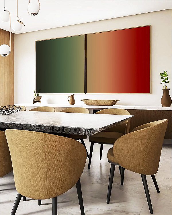 Duo de Quadros Quadrados Abstrato Degradê Verde Folha Vermelho Canvas Moldura