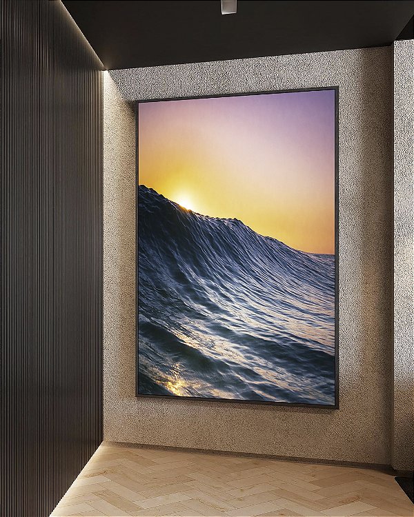 Quadro Vertical Pôr do sol em Mar Azul Ondulado Canvas Moldura