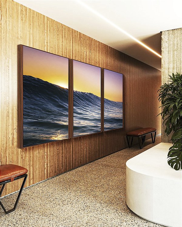 Trio de Quadros Pôr do sol em Mar Azul Ondulado Canvas Moldura