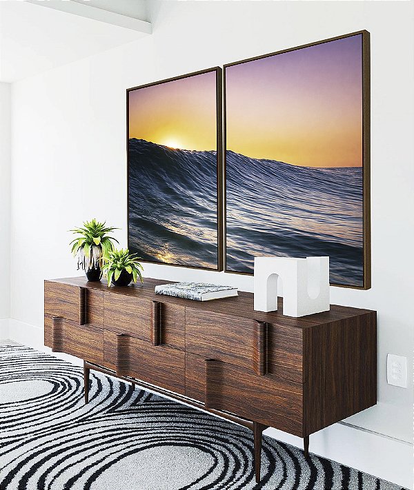 Duo de Quadros Pôr do sol em Mar Azul Ondulado Canvas Moldura