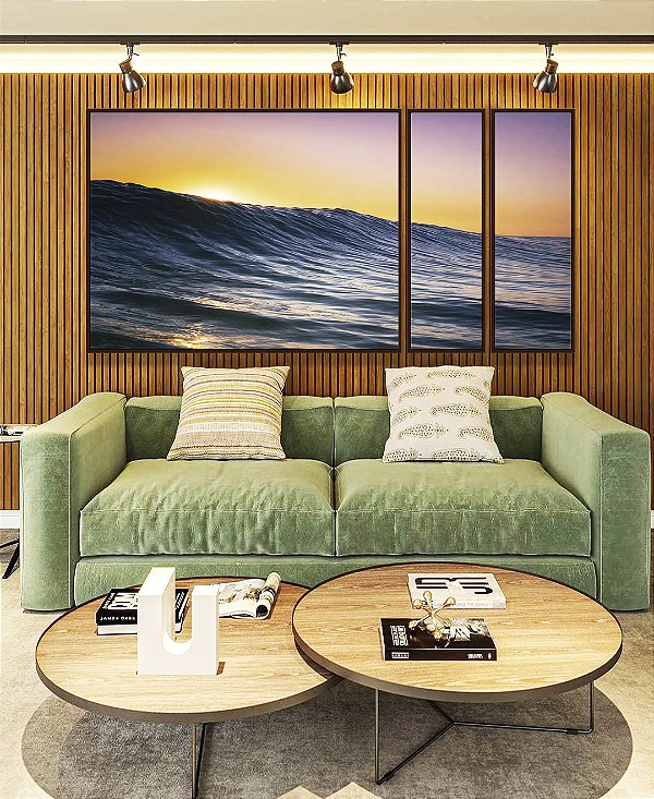 Trio de Quadros Estilizados Pôr do sol em Mar Azul Ondulado Canvas Moldura