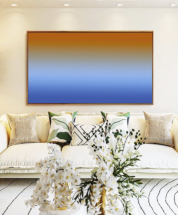 Quadro Horizontal Abstrato Degradê Laranja Azul Canvas Moldura