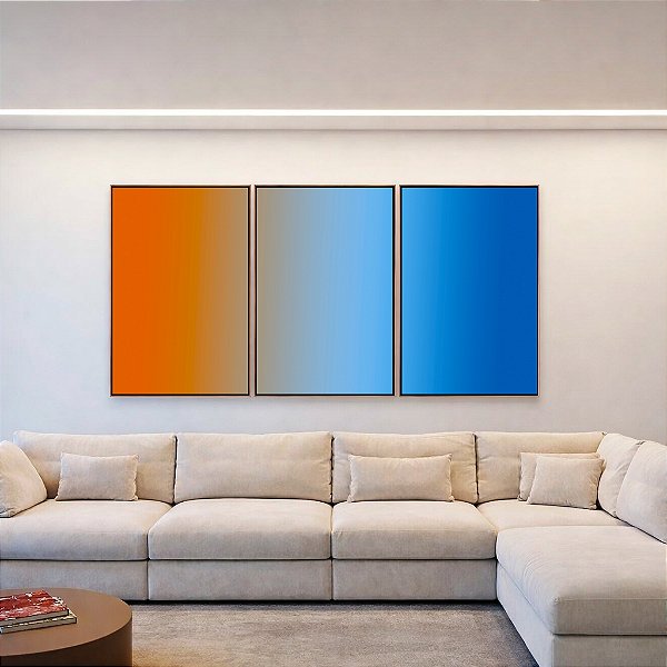 Trio de Quadros Abstrato Degradê Laranja Azul Canvas Moldura