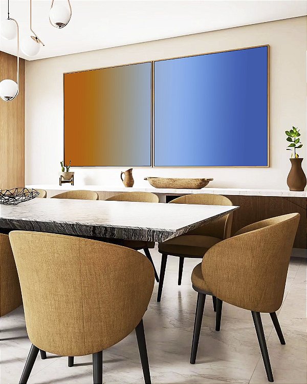 Duo de Quadros Quadrados Abstrato Degradê Laranja Azul Canvas Moldura