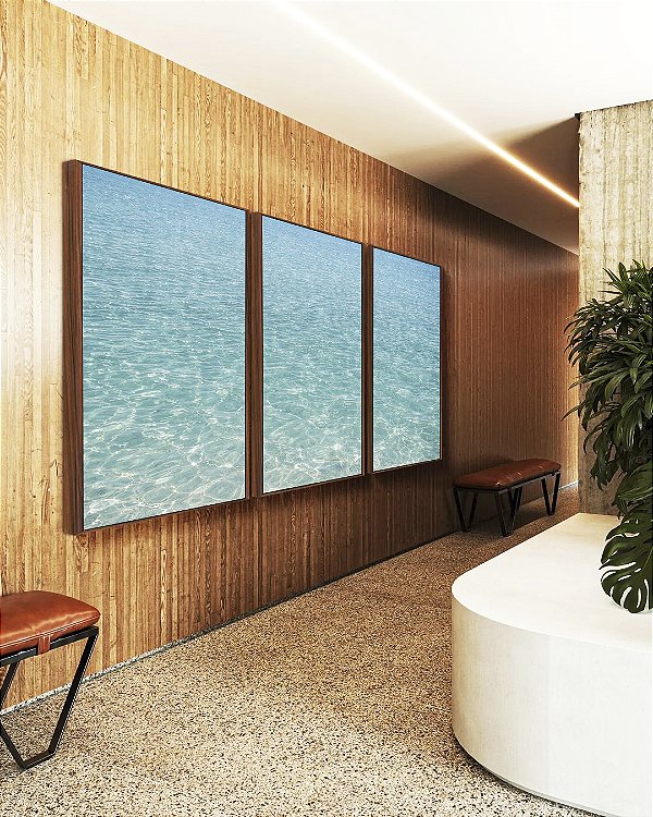 Trio de Quadros Mar de Água Clara Iluminado Transparente Canvas Moldura