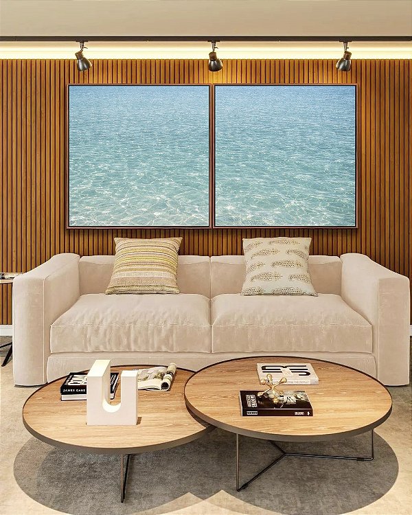 Duo de Quadros Quadrados Mar de Água Clara Iluminado Transparente Canvas Moldura