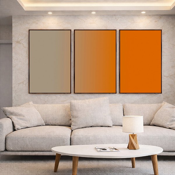 Trio de Quadros Abstrato Degradê Cinza Laranja Tangerina Canvas Moldura