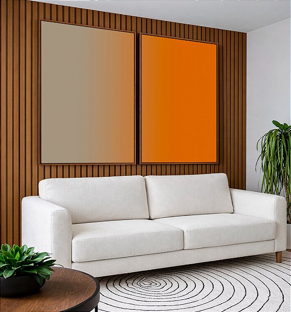 Duo de Quadros Abstrato Degradê Cinza Laranja Tangerina Canvas Moldura