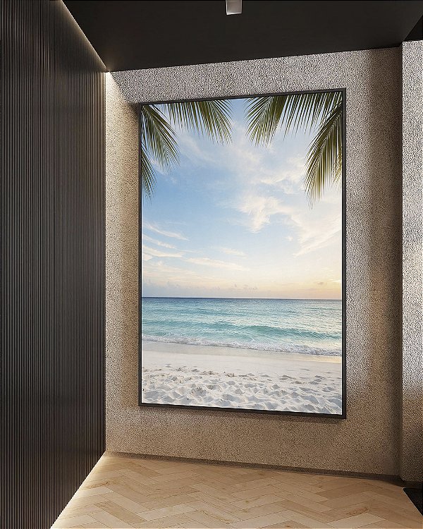 Quadro Vertical Sol Praia Araia Clara Mar Coqueiros Canvas Moldura