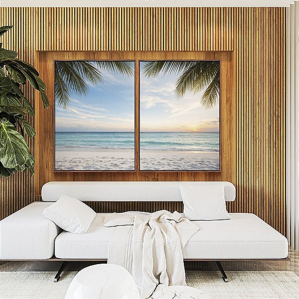 Duo de Quadros Sol Praia Araia Clara Mar Coqueiros Canvas Moldura