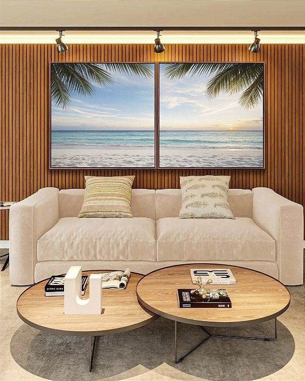 Duo de Quadros Quadrados Sol Praia Araia Clara Mar Coqueiros Canvas Moldura