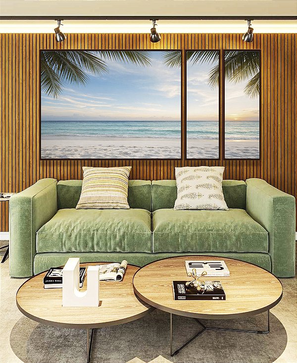 Trio de Quadros Estilizados Sol Praia Araia Clara Mar Coqueiros Canvas Moldura