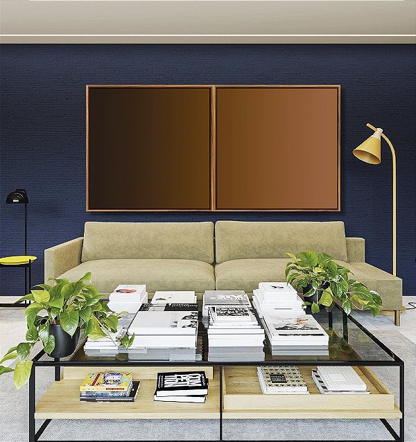 Duo de Quadros Quadrados Abstrato Degradê Marrom Terracota Chocolate Canvas Moldura