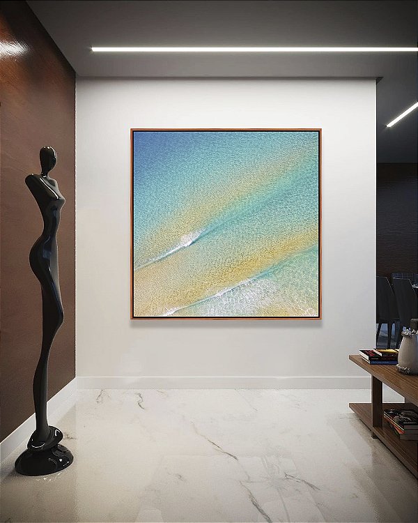 Quadro Quadrado Mar Turquesa Areia Dourada Praia Natureza Canvas Moldura