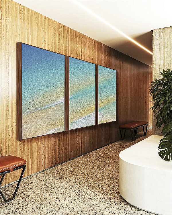 Trio de Quadros Mar Turquesa Areia Dourada Praia Natureza Canvas Moldura