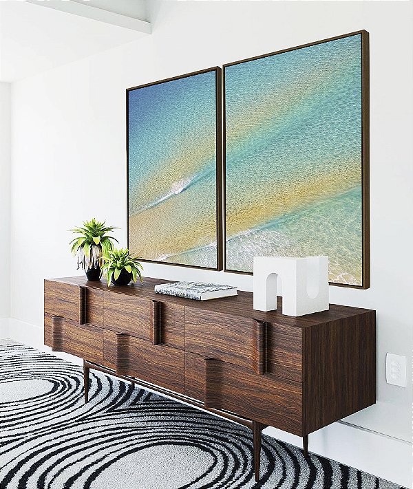 Duo de Quadros Mar Turquesa Areia Dourada Praia Natureza Canvas Moldura