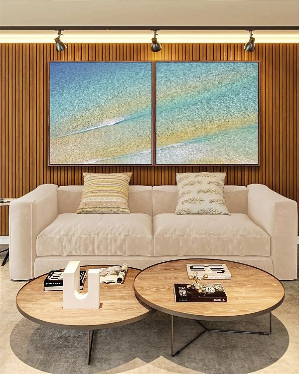 Duo de Quadros Quadrados Mar Turquesa Areia Dourada Praia Natureza Canvas Moldura