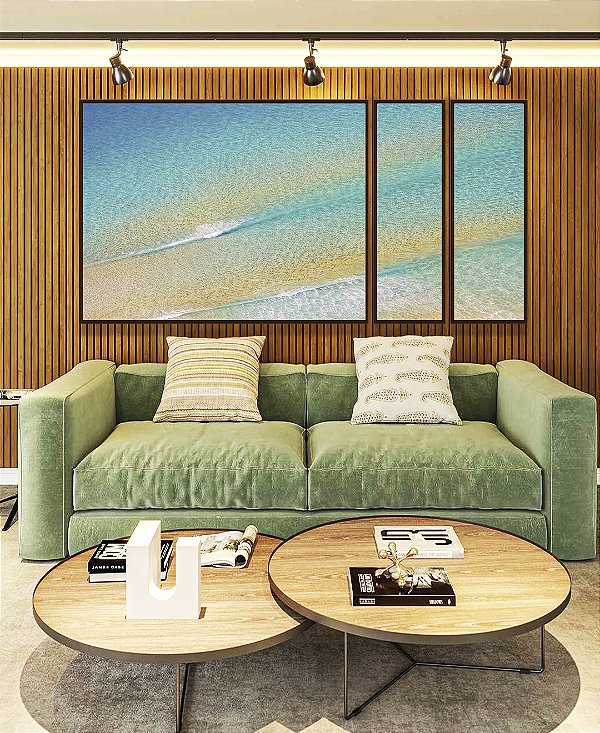 Trio de Quadros Estilizados Mar Turquesa Areia Dourada Praia Natureza Canvas Moldura