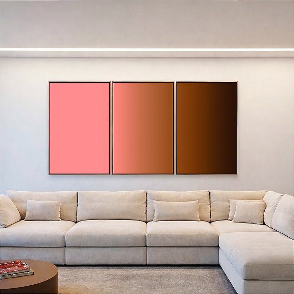 Trio de Quadros Abstrato Degradê Rosa Antigo Marrom Chocolate Canvas Moldura