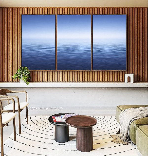 Trio de Quadros Mar Azul Profundo Céu Azul Relaxante Canvas Moldura