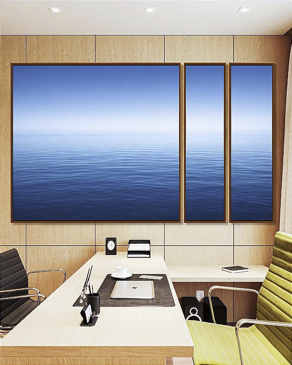 Trio de Quadros Estilizados Mar Azul Profundo Céu Azul Relaxante Canvas Moldura