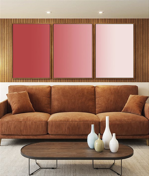 Trio de Quadros Abstrato Degradê Rosa Claro Areia Canvas Moldura