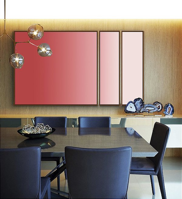 Trio de Quadros Estilizados Abstrato Degradê Rosa Claro Areia Canvas Moldura