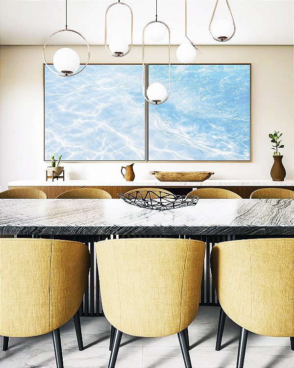 Duo de Quadros Quadrados Mar Azul Claro Reflexos do Sol Areia Canvas Moldura