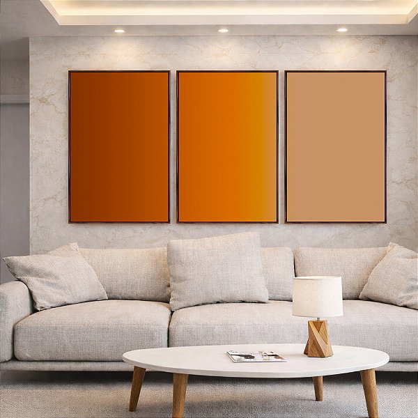 Trio de Quadros Abstrato Degradê Areia Bronze Cobre Canvas Moldura