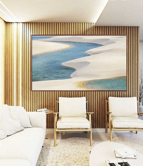 Quadro Horizontal Dunas Areia Branca Mar Azul Claro Canvas Moldura