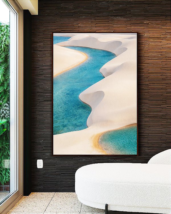 Quadro Vertical Dunas Areia Branca Mar Azul Claro Canvas Moldura