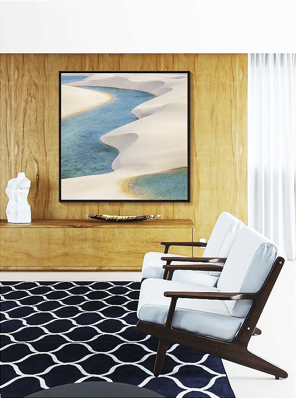 Quadro Quadrado Dunas Areia Branca Mar Azul Claro Canvas Moldura