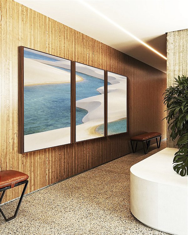 Trio de Quadros Dunas Areia Branca Mar Azul Claro Canvas Moldura