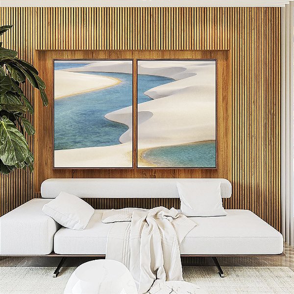 Duo de Quadros Dunas Areia Branca Mar Azul Claro Canvas Moldura