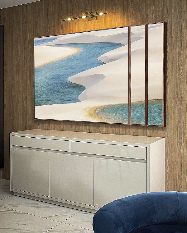 Trio de Quadros Estilizados Dunas Areia Branca Mar Azul Claro Canvas Moldura