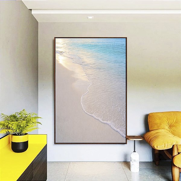 Quadro Vertical Praia Areia Branca Mar Azul Luzes do Sol Canvas Moldura