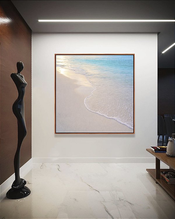 Quadro Quadrado Praia Areia Branca Mar Azul Luzes do Sol Canvas Moldura