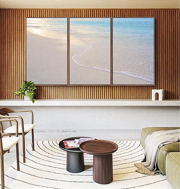 Trio de Quadros Praia Areia Branca Mar Azul Luzes do Sol Canvas Moldura