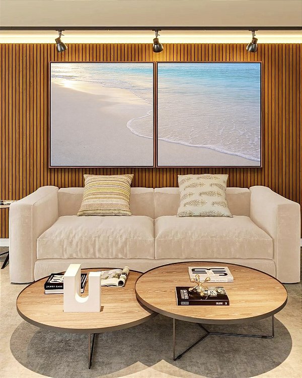 Duo de Quadros Quadrados Praia Areia Branca Mar Azul Luzes do Sol Canvas Moldura