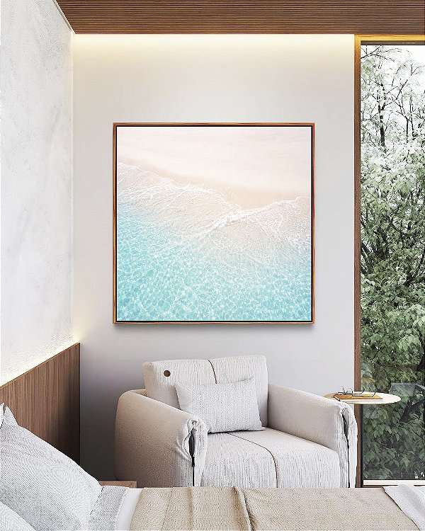 Quadro Quadrado Mar Turquesa Praia Serena Areia Branca Natureza Canvas Moldura