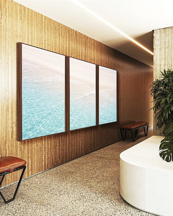 Trio de Quadros Mar Turquesa Praia Serena Areia Branca Natureza Canvas Moldura