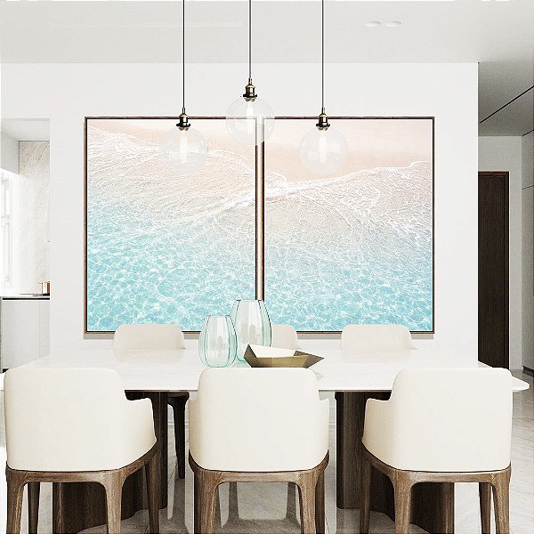 Duo de Quadros Mar Turquesa Praia Serena Areia Branca Natureza Canvas Moldura