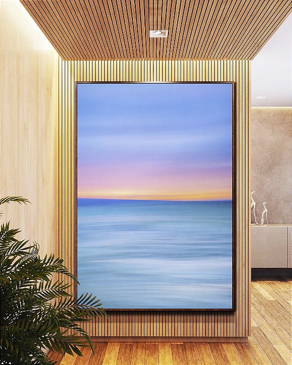 Quadro Vertical Mar Azul Céu Pôr do Sol Rosa Efeito Movimento Canvas Moldura